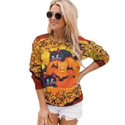 Halloween Cat Pumpkin Lightweight Sweatshirt- Lg -NWOT - Изображение 1 из 4