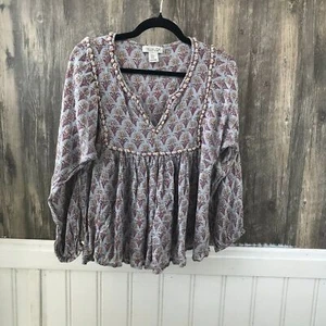 Rachel Zoe blue red block print beaded peasant top size M - Picture 1 of 5