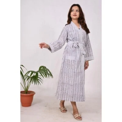 Women’s Grey Cotton Long Kimono Robe – Hand Block Printed Bathrobe Dressing Gown - Image 1 of 4