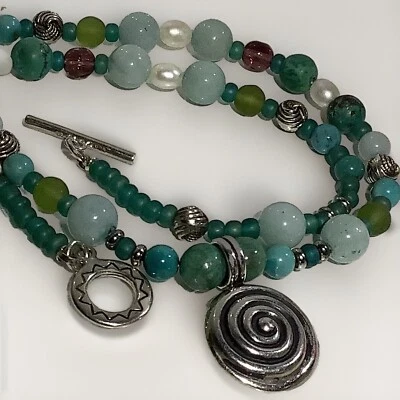 SouthWestern 950 Sterling Spiral Jade Glass Turquoise Pearl Necklace 18” 25.3g - Image 1 of 4