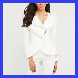 New with tag Woman White Long Sleeve Blazer Coat Zipper Short Peplum Jacket - Picture 1 of 10