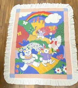 Vintage Handmade Baby Quilt Animals Rainbow Castle Birds Squirrel Bunny Ruffles - Picture 1 of 16