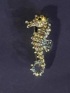 Iridescent Rhinestone Seahorse Brooch Pin on Silver Tone Metal - Picture 1 of 3