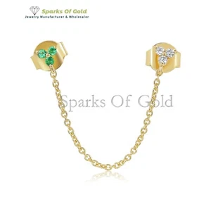 14k Solid Gold Double Trio Emerald and Diamond Connecting Earring Jewelry Gift - Imagen 1 de 3