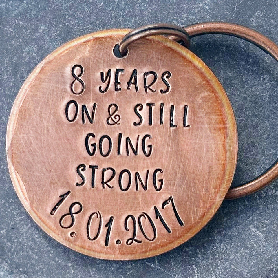 STAMPED BY CHERYL PERSONALISED 8 Year Bronze 8th Wedding Anniversary Gift Husband Wife Keychain