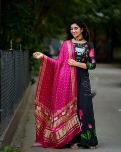 Satin Silk Fabric Black Gown With Fancy Pink Dupatta For Indian Party Wear - Picture 1 of 9