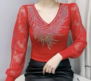 Womens Slim Rhinestone V-Neck Casual Party Cocktail T-Shirt Blouse Tops - Picture 1 of 2