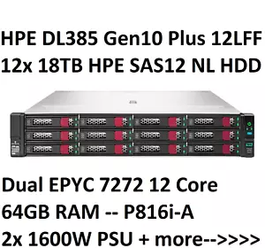 HPE DL385 Gen10+Plus 12x 18TB 2x AMD EPYC 7272 64GB 2x 1600W 10GbE 25GbE P816i-a - Picture 1 of 6