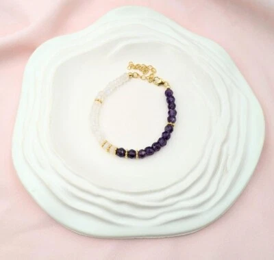 Blue Flashy Moonstone & Amethyst 2 Faceted Rondelle Beads Woman Bracelet 6-8" - Image 1 of 4