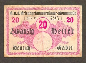 AUSTRIA PRIMERA GUERRA MUNDIAL ~ CAMPO DE PRISIONEROS DE GUERRA DEUTSCH-GABEL 20 BILLETE HELLER - Imagen 1 de 2