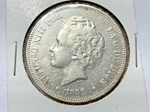 1892 SPAIN with Spanish King ALFONSO XIII Antique Silver 5 Pesetas Coin  - Picture 1 of 2