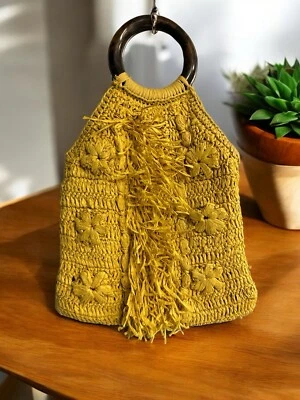 Rosalita Rafia Yellow Fringe Anthropologie Bag  20” L 12”w10”deep Boho Beach - Image 1 of 4