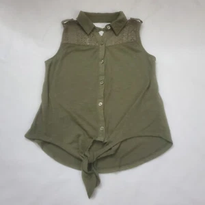 XS Olive Green Rustic Button Up Collared Tank With Tie And Lace - Picture 1 of 6