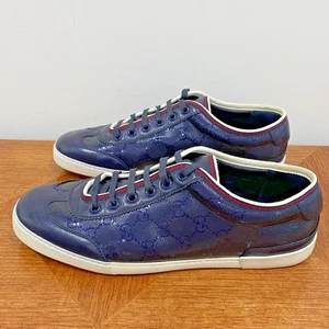Gucci GG Imprime Shoes Sneakers Mens 7.5 Navy Blue Embossed Leather Low Top Lace - Picture 1 of 13
