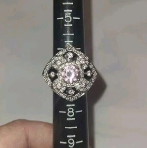 Sterling Silver Large Pink Clear CZ Statement Runway Cocktail Ring Size 7 - Picture 1 of 5