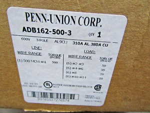 ✌ NEW PENN UNION ADB162-500-3 3 POLE 380 AMPS 600V POWER DISTRIBUTION BLOCK - Picture 1 of 4