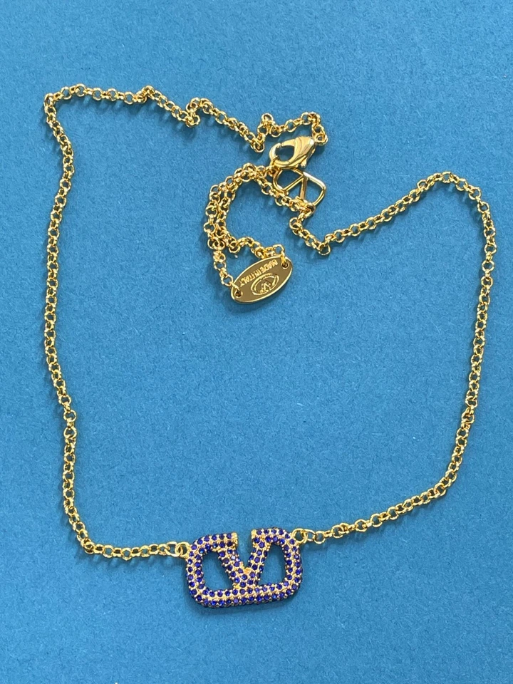 Valentino Gold Crystal V Logo Blue Pendant Necklace - Image 1 of 4