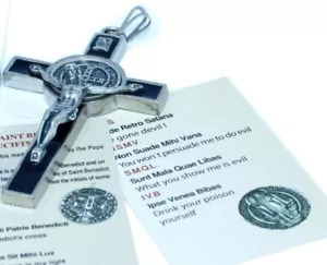 3 Inch St Benedict Crucifix Cross Oxidized Silver Tone Enamel Medal Pendant with - Picture 1 of 1