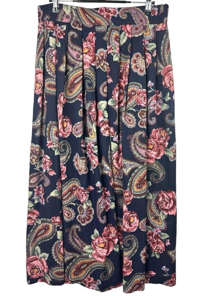 Женская винтажная темно-синяя плиссированная юбка миди с цветочным узором пейсли Kathie Lee размер 14 - Изображение 1 из 4