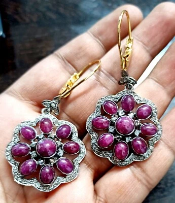 1.89ct Rosecut Diamond Silver Ruby Dangle Earrings,Ruby Earrings,Rosecut Earring - Image 1 of 3