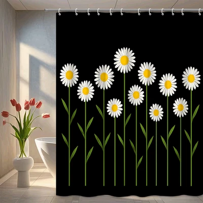 Cortina de Ducha Floral Margarita - Flores Blancas sobre Fondo Negro Foto 1 de 4