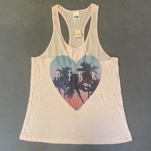 PINK Victoria's Secret Tank Top Womens Small Pink Heart Palm Tree Graphic Shirt - Picture 1 of 10