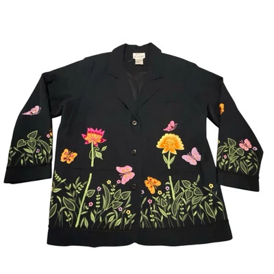 Vintage Quacker Factory Blazer Women L Oversized Black Embroidered Floral Long - Image 1 of 4