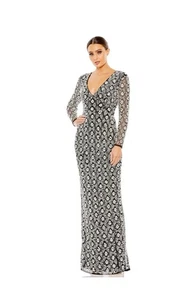 Mac Duggal #93808 FULLY BEADED LONG SLEEVE COLUMN GOWN Sz 10 BLACK SILVER $1598 - Picture 1 of 11