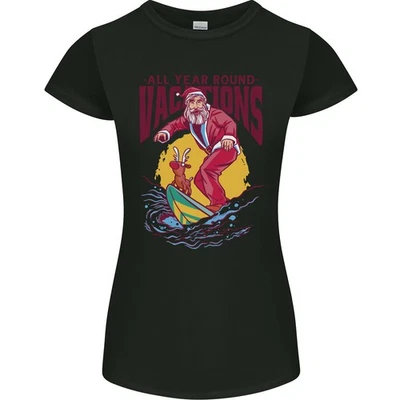 T-Shirt Femme Petite Coupe Surfeur Drôle De Noël Vacances Santa - Photo 1/4