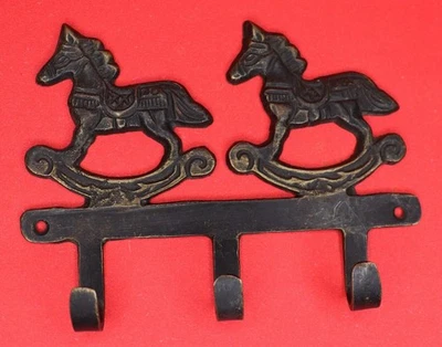 Two Horse Shape Vintage Antique Style Handmade Brass Key Cloth Cap 3 Hook Hanger - image 1 of 3