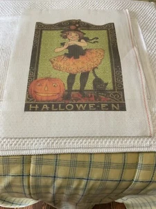 HP NEEDLEPOINT HALLOWEEN WITCH WITH BLACK CAT AND PUMPKIN - Picture 1 of 3