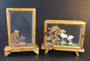 (2) Vintage Miniatur Asiatisches Diorama Orientalischer Garten Bambus Vögel - Bild 1 von 17