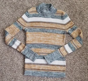Prana Woman's Sz M MEDIUM Acadia Cream Mustard Striped Ribbed Mock Neck Sweater - Picture 1 of 9