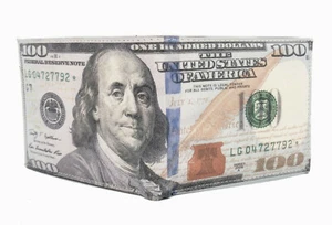 USA $100 One Hundred Dollar Bill Print Men's Leather Bifold Novelty Wallet - Picture 1 of 12