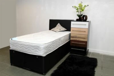 STONEHOUSE 3ft Single Black Base Divan Bed and Medium Mattress+Storage+Headboard!!!.