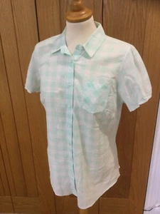 Blouse Papaya 12 green white check button up collar short sleeves 100% cotton - Foto 1 di 7