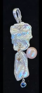 18k Gold Diamond Sapphire Pearl Pendant Slide Enhancer Estate Jewelry 13.1g - Picture 1 of 12