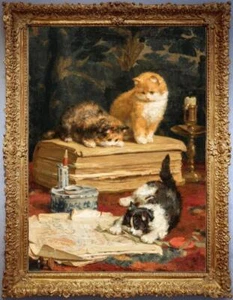 Antiguo arte maestro hecho a mano pintura al óleo antigua animales gatos gatitos sobre lienzo - Imagen 1 de 2