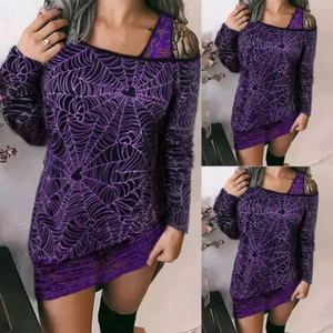 Womens Cold Shoulder Gothic Mini Dress Lace Long Sleeve Spiderweb Jumper Dresses - Picture 1 of 13