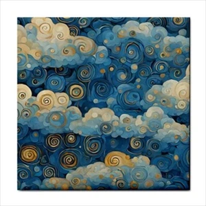 Decorative Ceramic Tile Blue Sky Clouds Art Nouveau 4.25 Inches - Picture 1 of 2