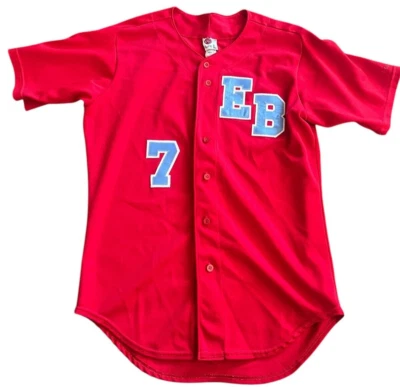 Camiseta de béisbol vintage Rawlings adulto talla L botones rojos azul "EB" #7 Foto 1 de 4