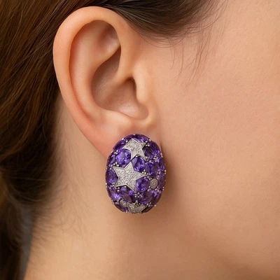 18K White Gold Diamond Amethyst Celestial Vintage Earrings Estate Fine Jewelry - Image 1 of 4