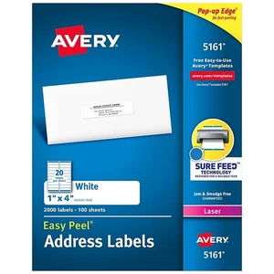 AVERY 5161 White EASY PEEL Mailing Address Labels, 1" x 4"  2000pcs - 100 sheets - Picture 1 of 1