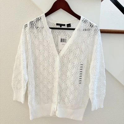 Suéter Cárdigan Blanco Tejido Crochet Vintage Para Mujer Grande Cottagecore Boho Chic L Foto 1 de 4