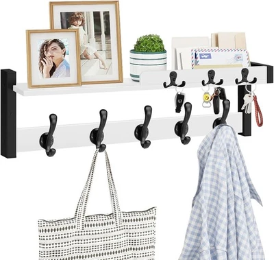 White Wall Coat Rack 29" Wood Shelf with Hooks & Key Holder Entryway Organizer - Image 1 of 4