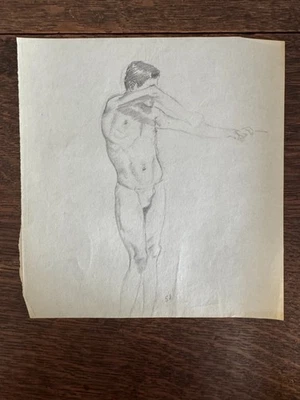 Dibujo académico vintage años 50 retrato hombre gay int 8 x 8 Foto 1 de 4