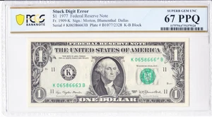 1977 $1 Stuck Digit Error PCGS 67 PPQ Fr. 1909-K Serial K06586663B - Picture 1 of 2