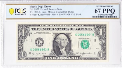 1977 $1 Stuck Digit Error PCGS 67 PPQ Fr. 1909-K Serial K06586663B - Image 1 of 2