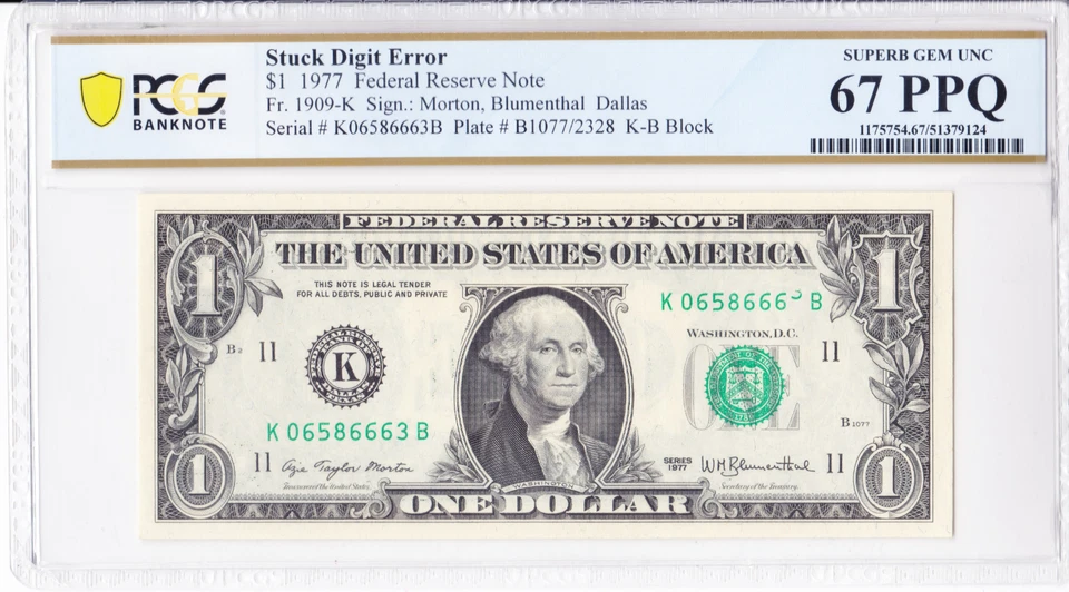 1977 $1 Stuck Digit Error PCGS 67 PPQ Fr. 1909-K Serial K06586663B - Image 1 of 2