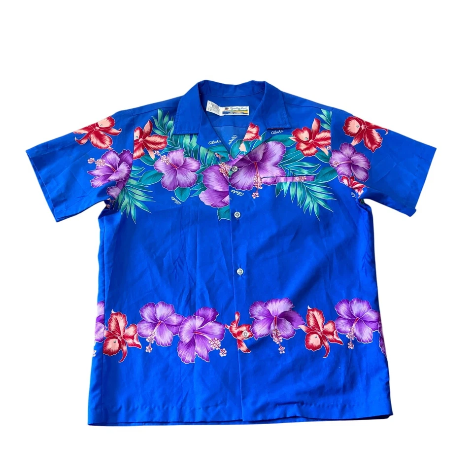 Vintage Shoreline Hawaiian Aloha Button Up Shirt Men's M Blue Hibiscus 70s USA - Image 1 of 4